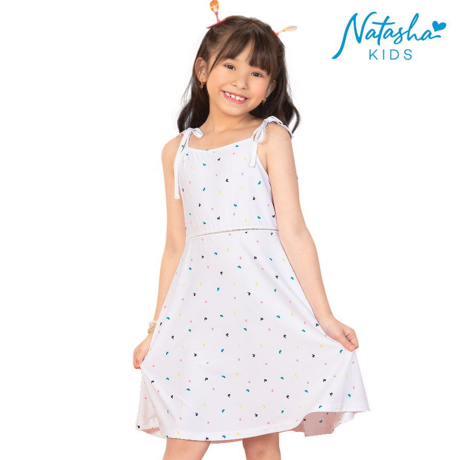 Enamila Kid's Girls White Ribbon Strap Knee Length
Printed Dress   - Natasha Kids