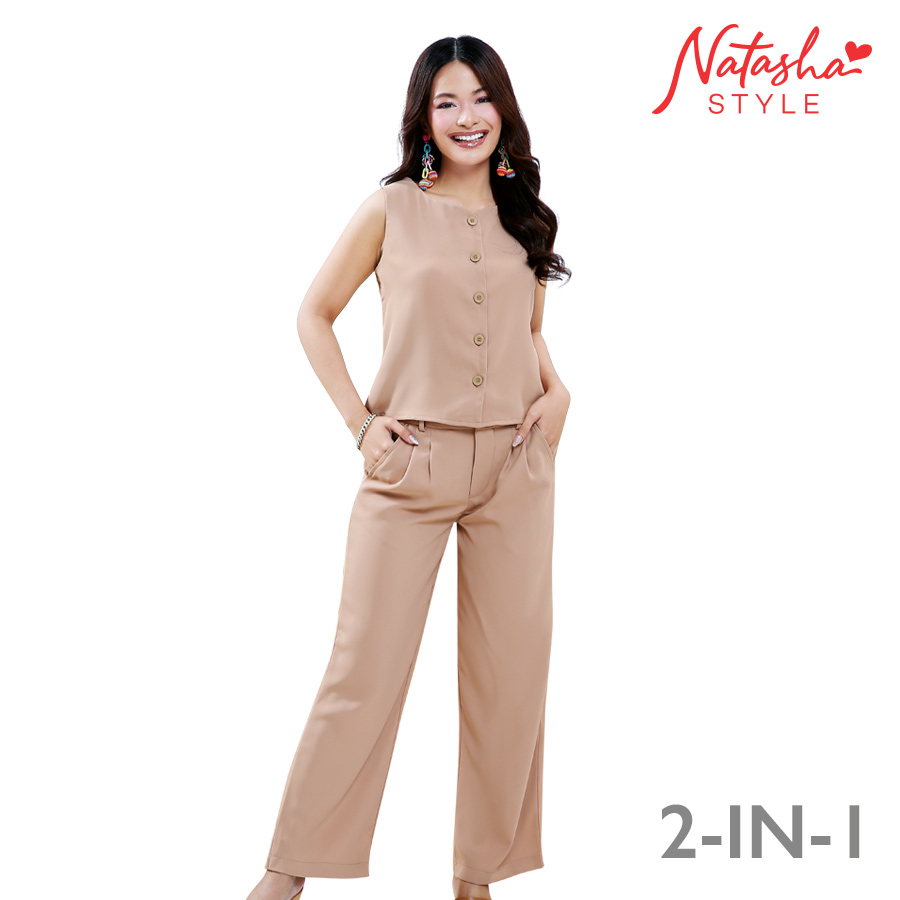 Ladarona Ladies' Camel 2-in-1 Buttoned Vest & Pleated
Pants Coords Set - Natasha Style