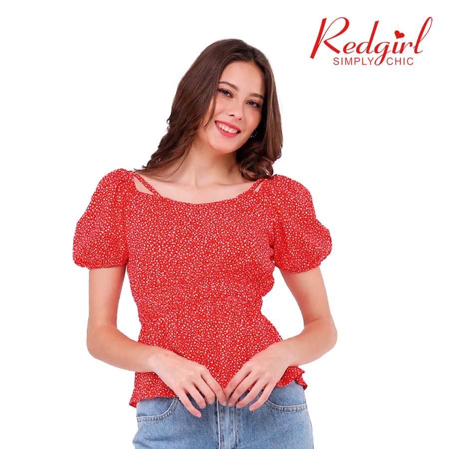 Bloodlily Ladies' Red Garterized Square Neck
Smocked Blouse - Red Girl