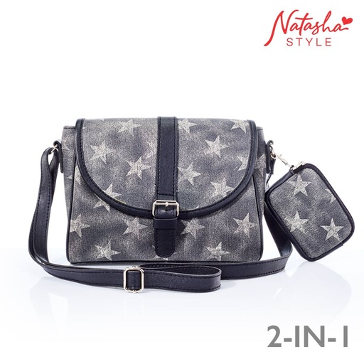 [Stora:Ch-01281] Chazeri Ladies Black 2in1 Star Print Sling Bag  - Natasha Style