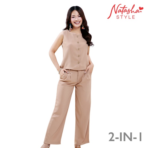 Ladarona Ladies' Camel 2-in-1 Buttoned Vest & Pleated
Pants Coords Set - Natasha Style