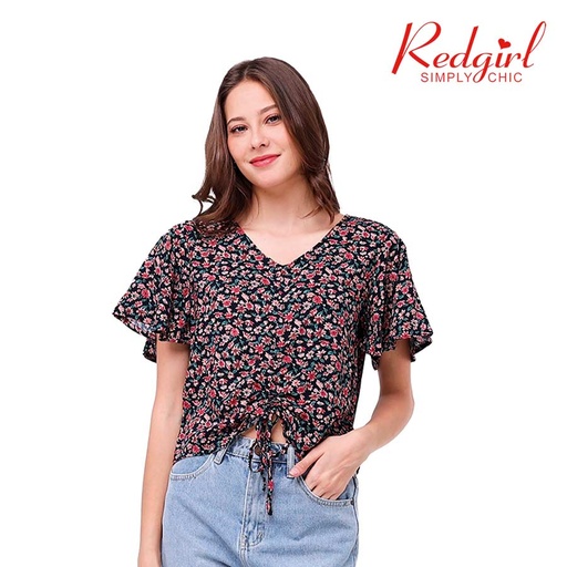 [Stora:Ch-Sm.XL.Me.La.XX.00020] Chrysanthemum Ladies' Flutter Sleeves V-neck Blouse - Natasha