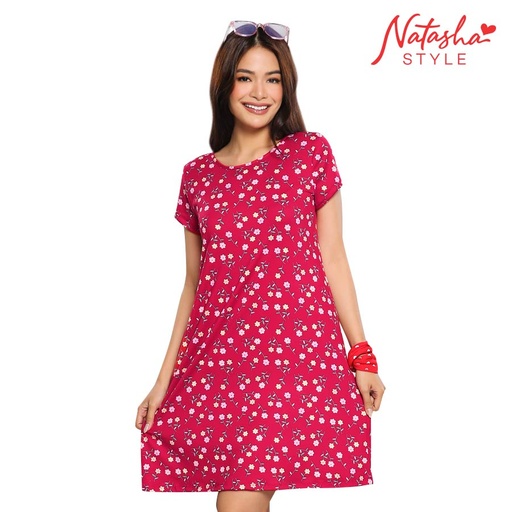 [Stora:Ac-Sm.XL.Me.La.00868] Bashira Ladies' Red Floral Dress - Natasha Style